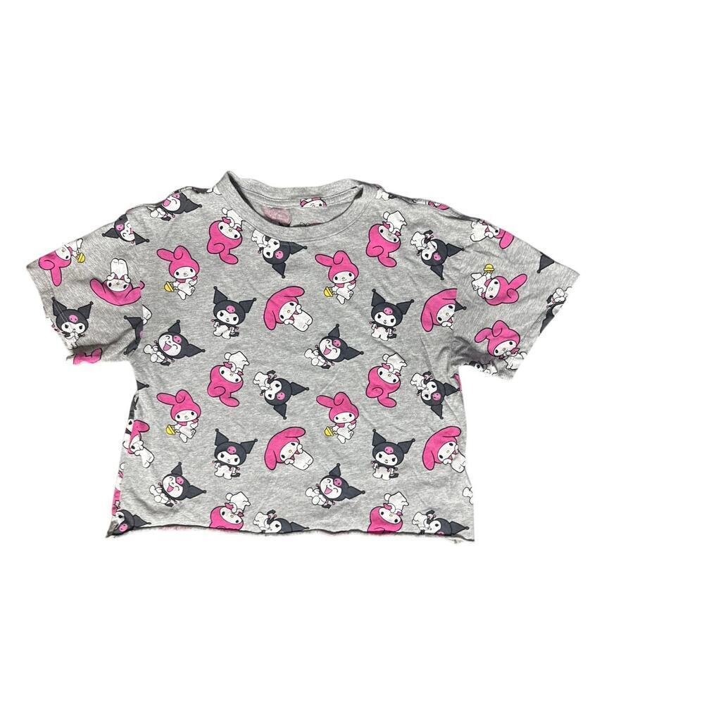 Sanrio Kuromi & My Melody Cropped Tee Women’s Medium Gray Graphic T-Shirt